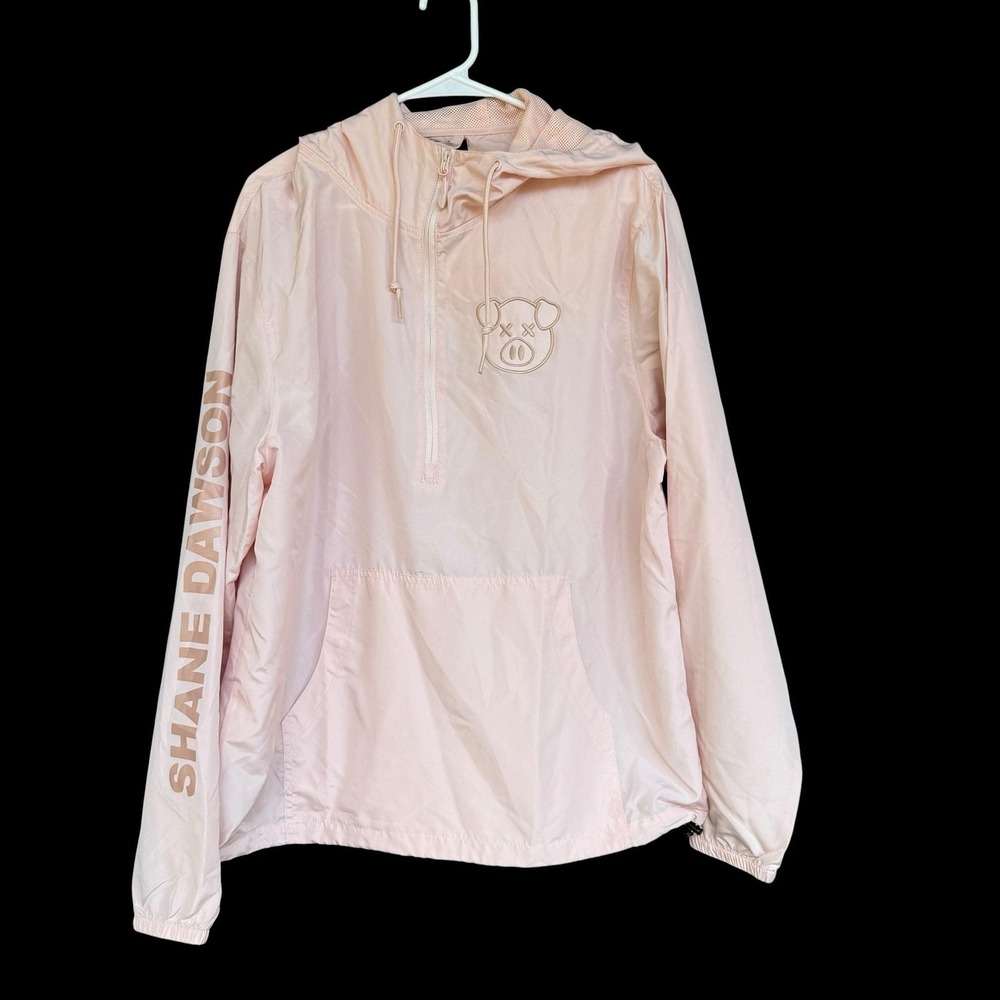 Shane Dawson Jacket Mens Large Pink Windbreaker Pullover Hooded 1/4 Zip Pig Logo
